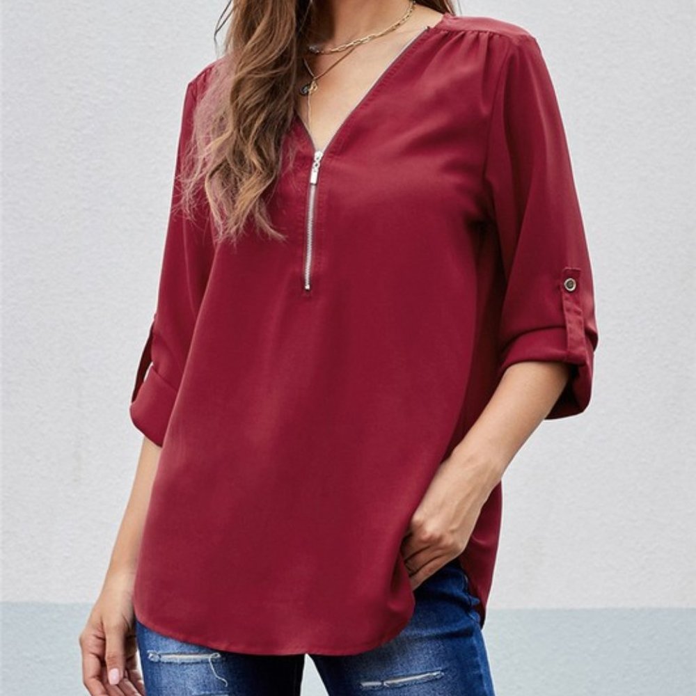 Red 3/4 Sleeve Top with Zipper